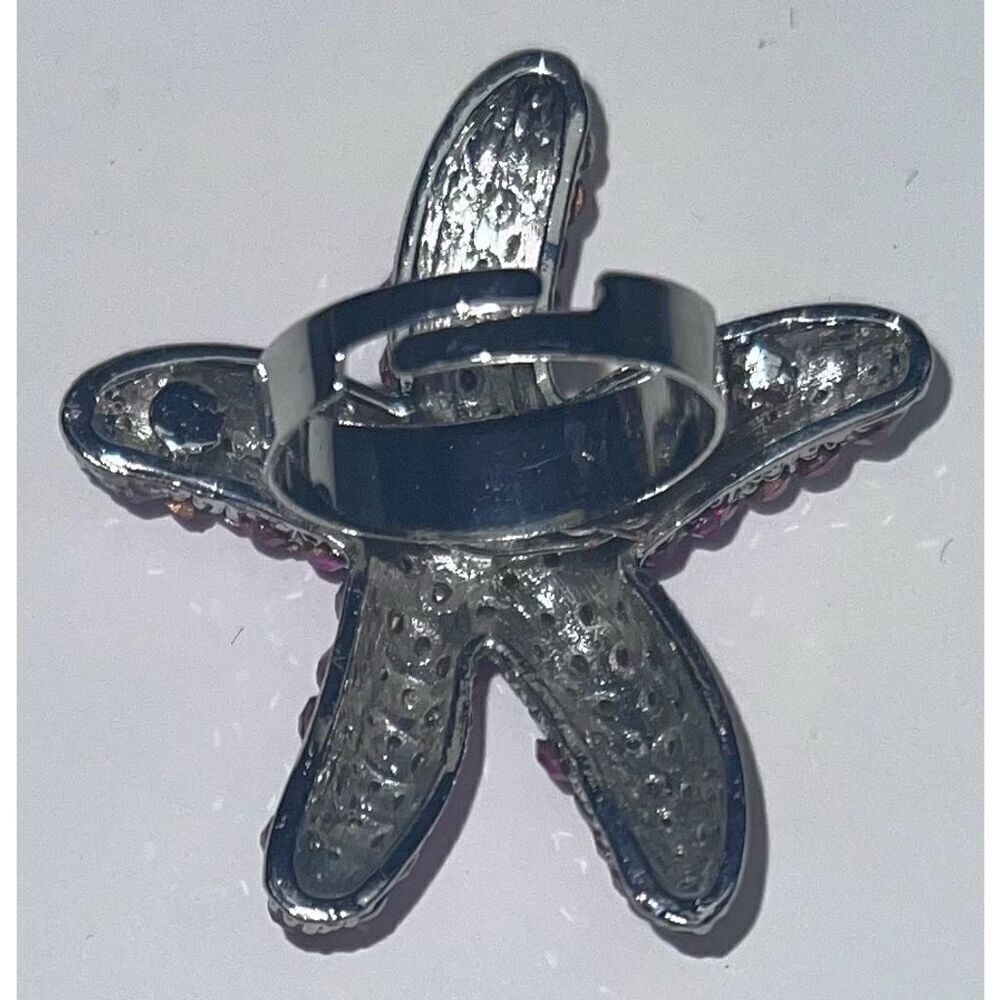 Neon Fuchsia Pink Crystal Starfish Adjustable Ring Ocean Theme - Picture 4 of 6